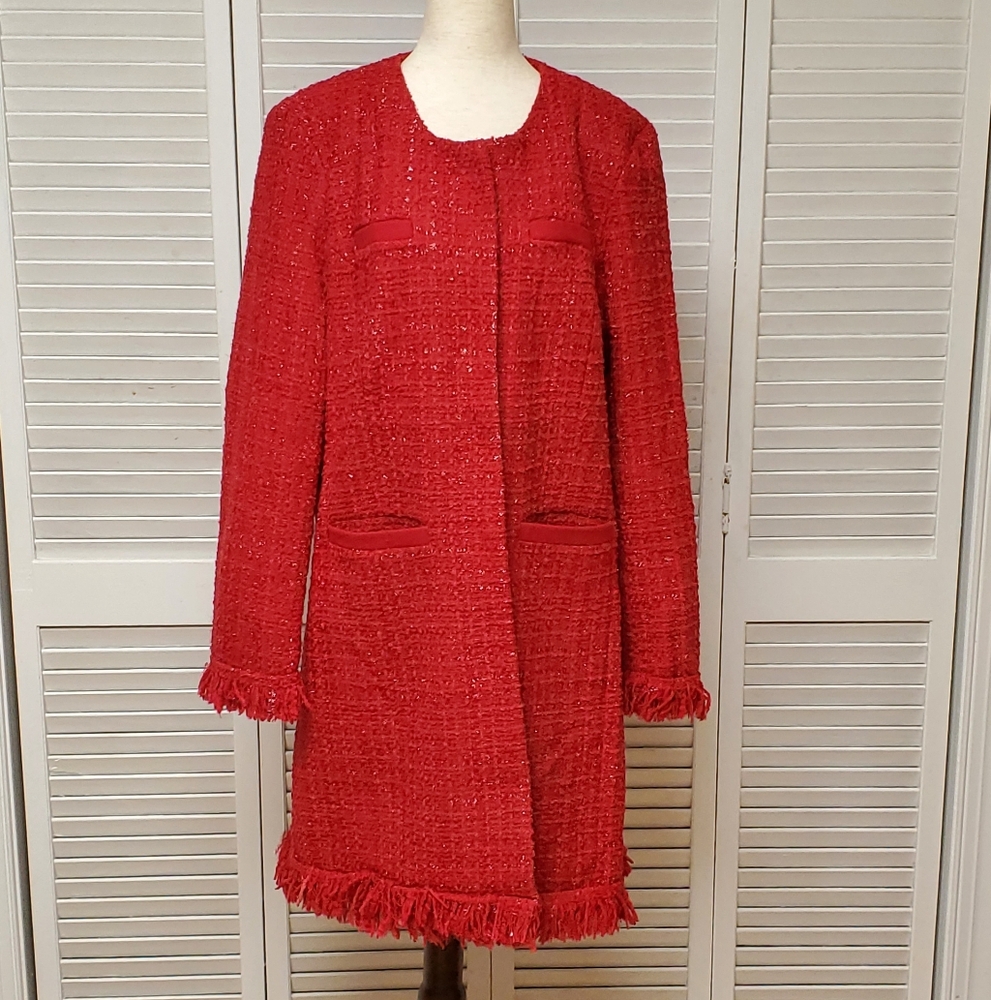 Vertigo Paris Red Tweed Fringe Dress Coat Size XL - Picture 3 of 11